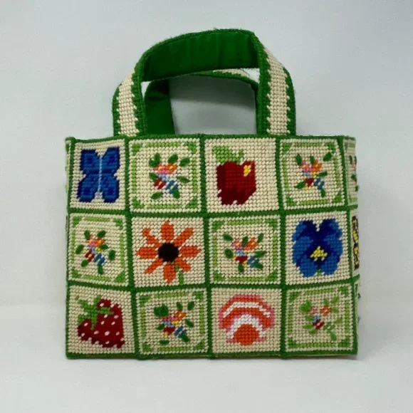Vintage Rare Design Nature Handmade Needle Point Purse, Cream Green - Picture 7 of 10